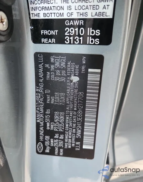 2008 Hyundai Santa Fe Se из США, поврежденный, VIN 5NMSH13E68H217708